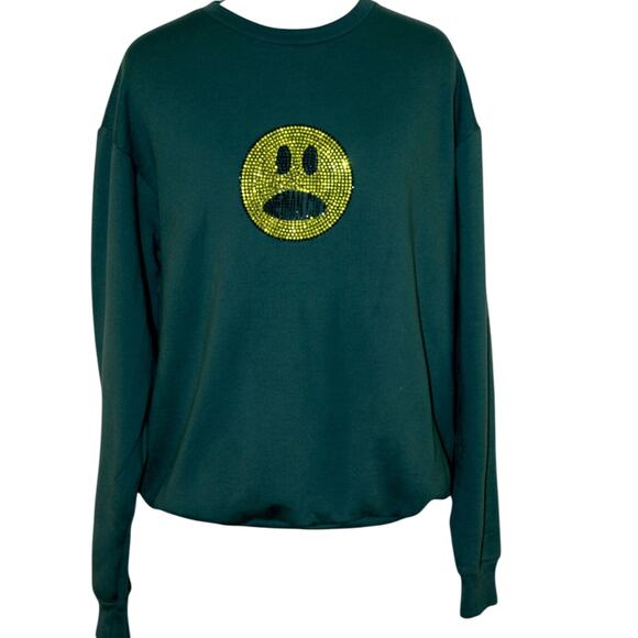 American Apparel Tops - American Apparel Green Fleece Graphic Smiley Rhinestone Sweatshirt M